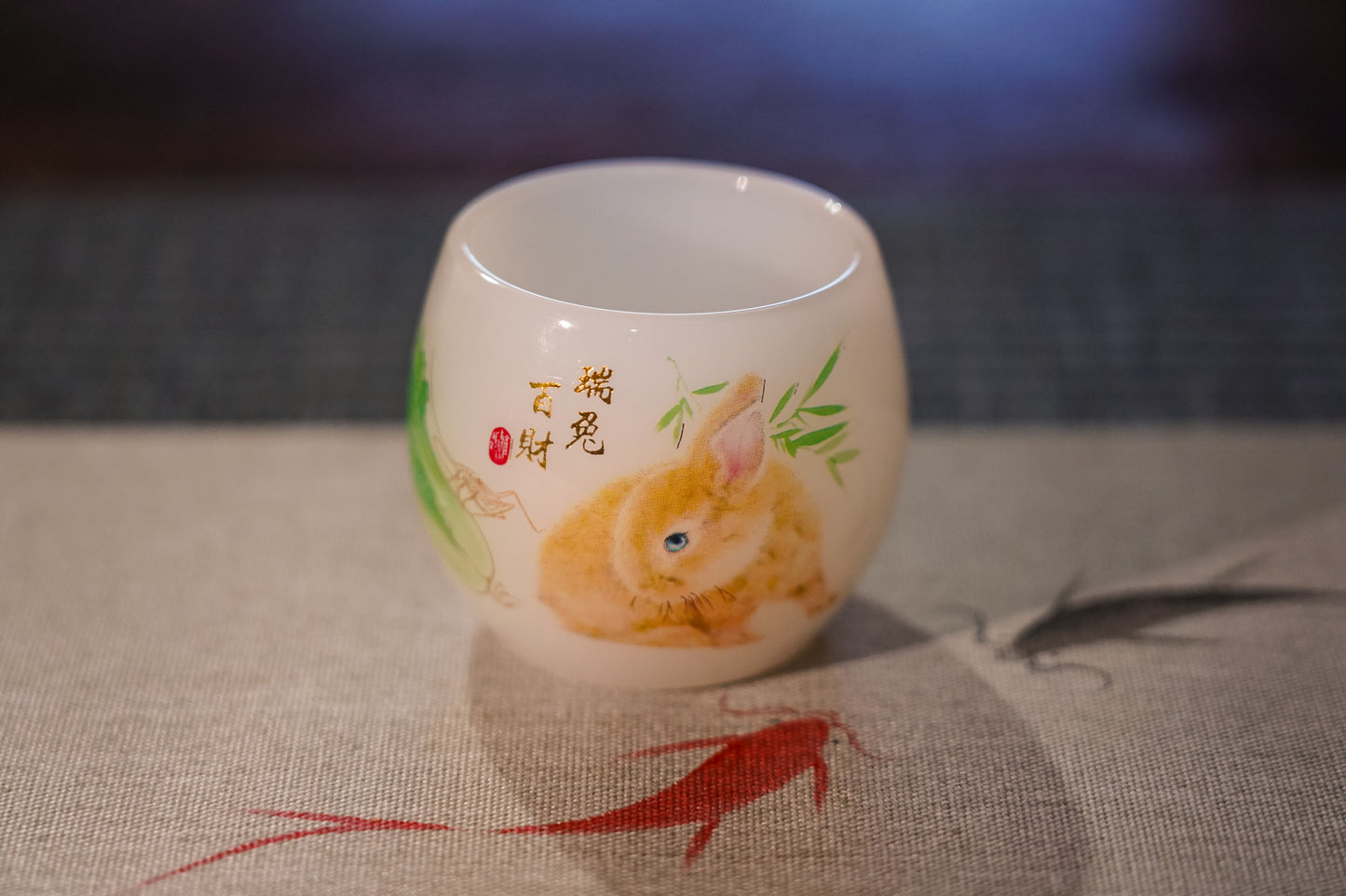 Non-transparent Glass Teacup, Auspicious Cabbage & Rabbit