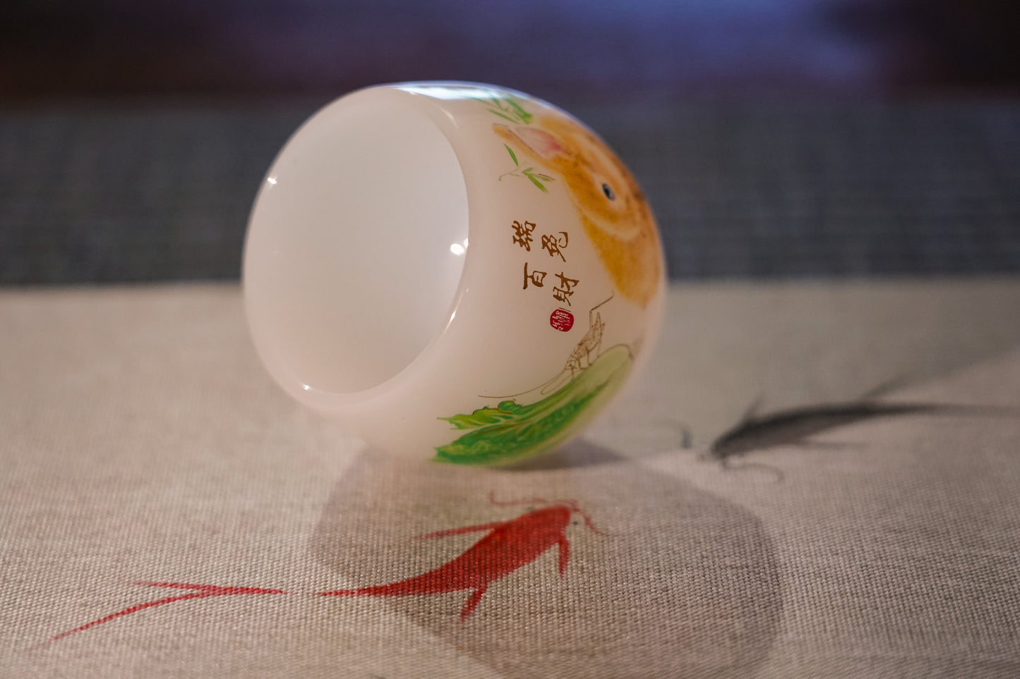 Non-transparent Glass Teacup, Auspicious Cabbage & Rabbit