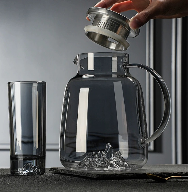 Glass Water Cooler Transparent Jug with Stainless Steel Lid 1600ml Mountain Desgin