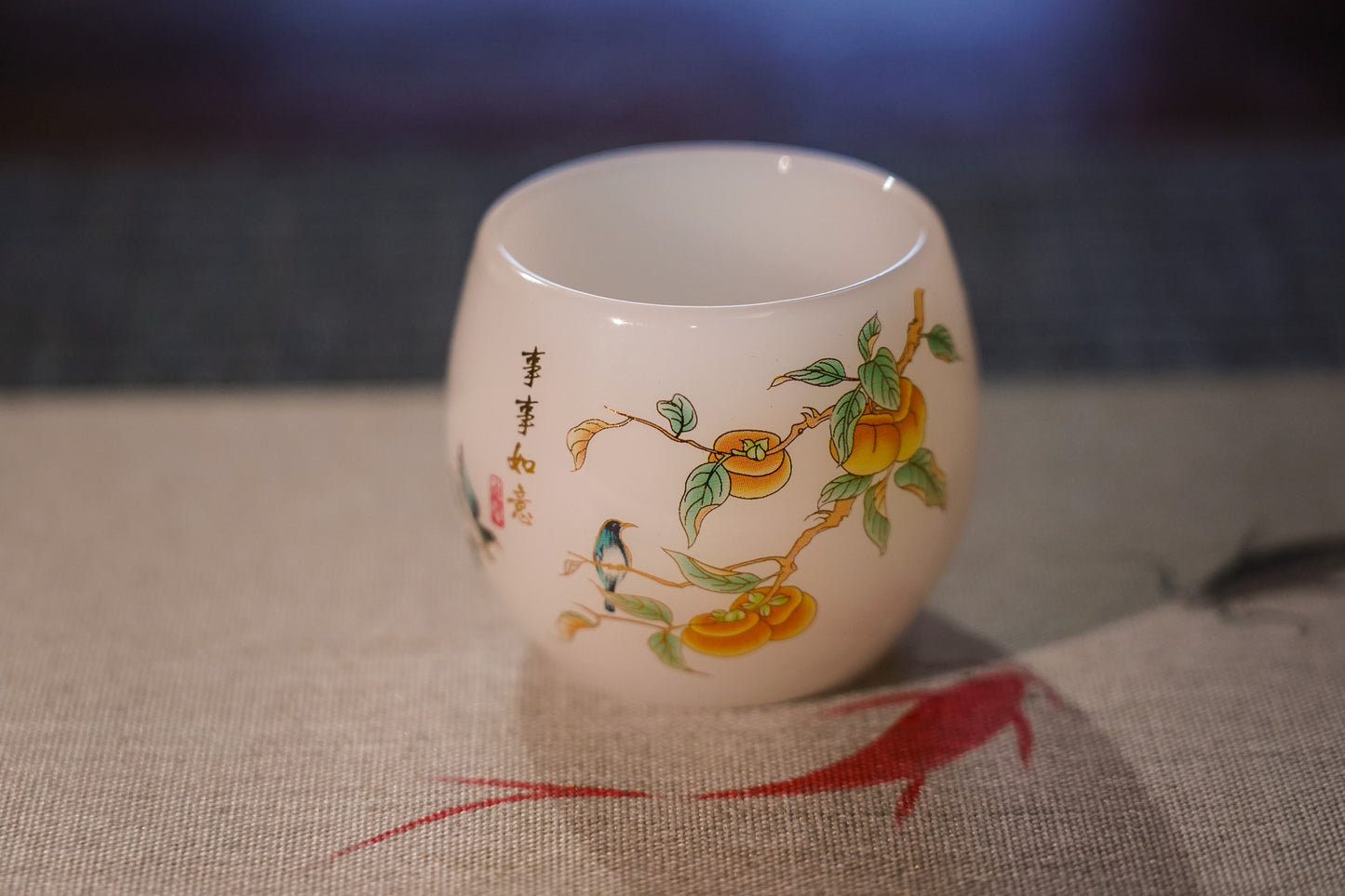 Non-transparent Glass Teacup, Persimmon & Birds