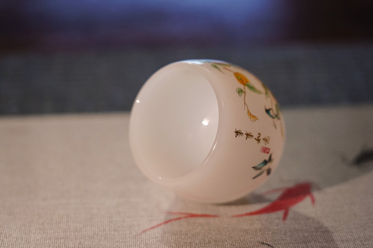 Non-transparent Glass Teacup, Persimmon & Birds