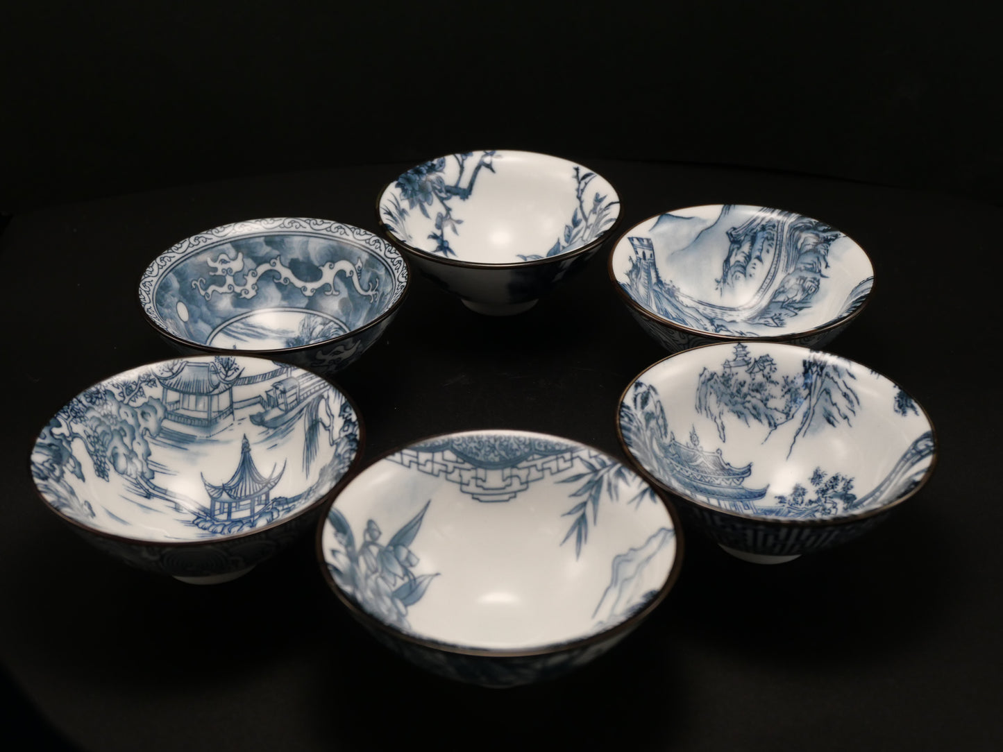 Wide Shape Blue And White Porcelain Teacup Set