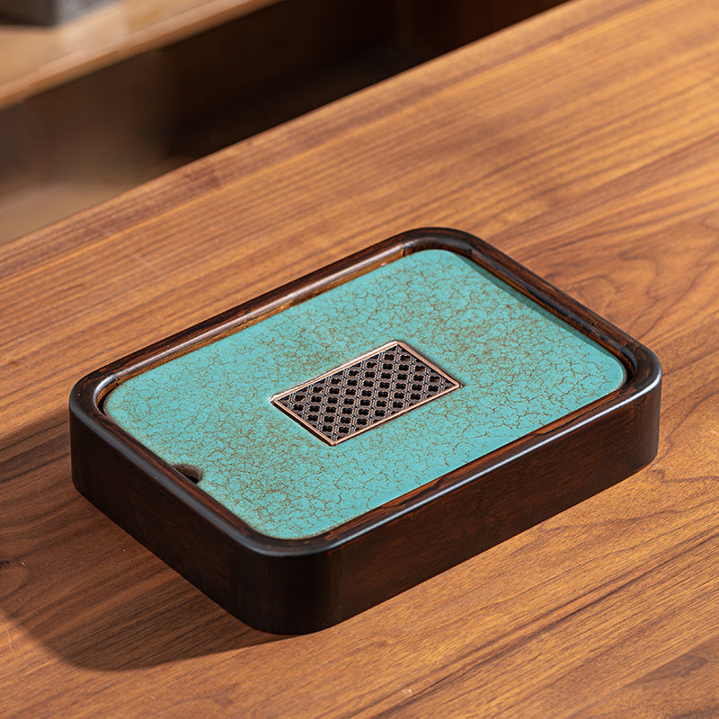 Turquoise Pattern Green Porcelain Bamboo Tea Tray (with sink)