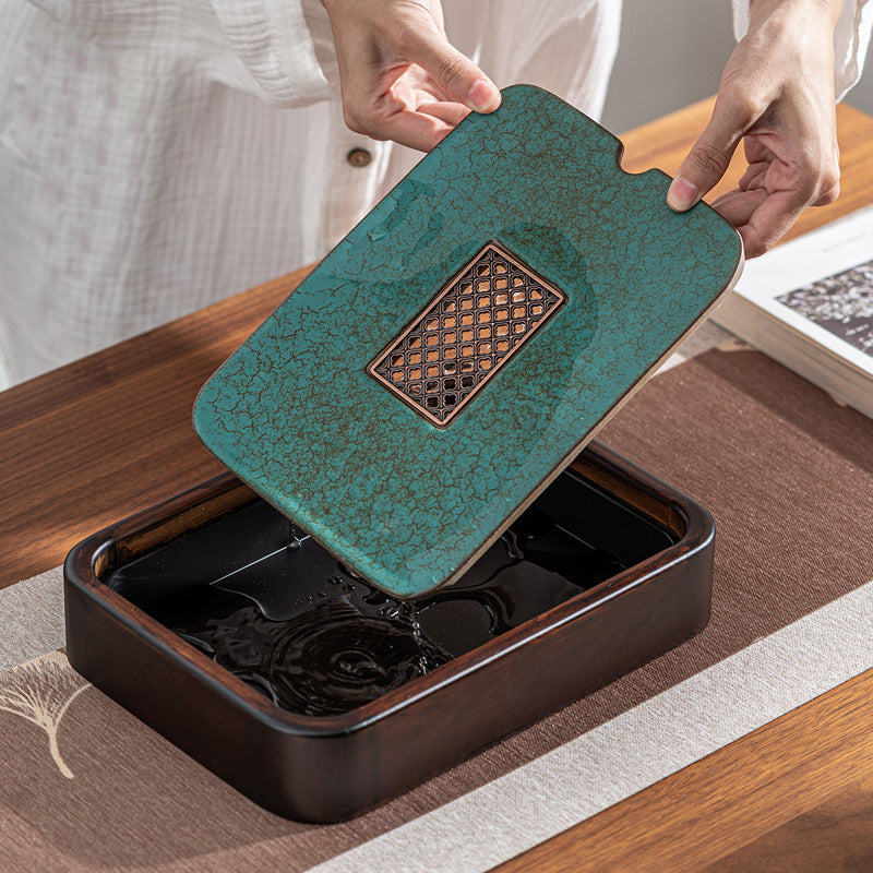 Turquoise Pattern Green Porcelain Bamboo Tea Tray (with sink)