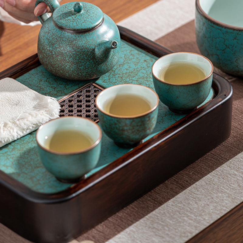 Turquoise Pattern Green Porcelain Bamboo Tea Tray (with sink)