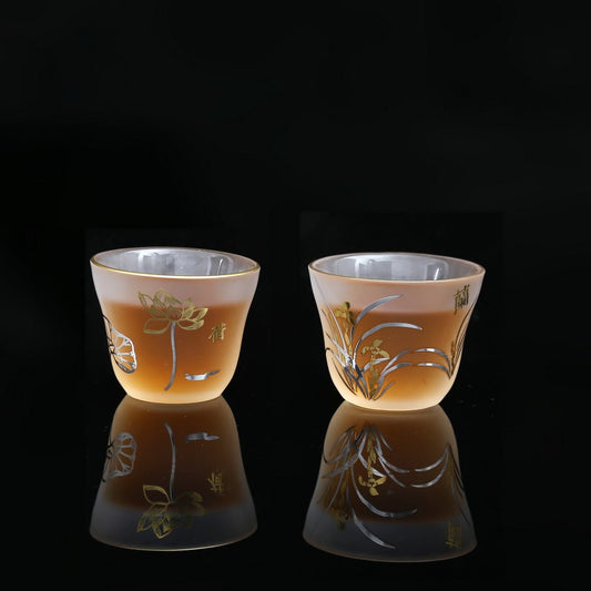 4 Teacups Gift Tea Set - (Non-transparent, Gold Lotus*2 + Gold Orchid*2) - Taishan Tea Club