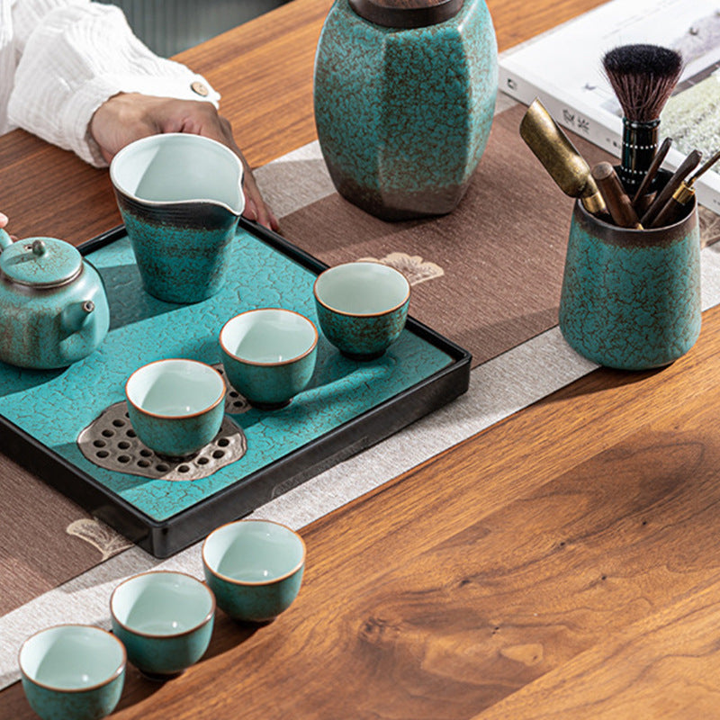 Turquoise Pattern Green Porcelain Bamboo Tea Tray (with sink)