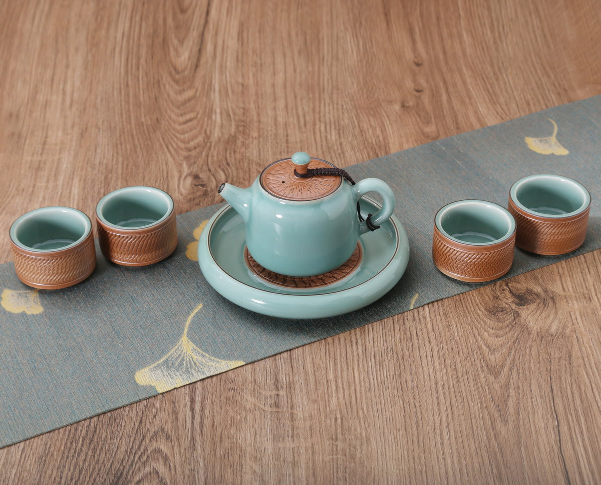 Gift Tea Set, Longquan Celadon - 1 Teapot 4 Teacups (Tiao Dao, Di Sky, 6, CYYS)