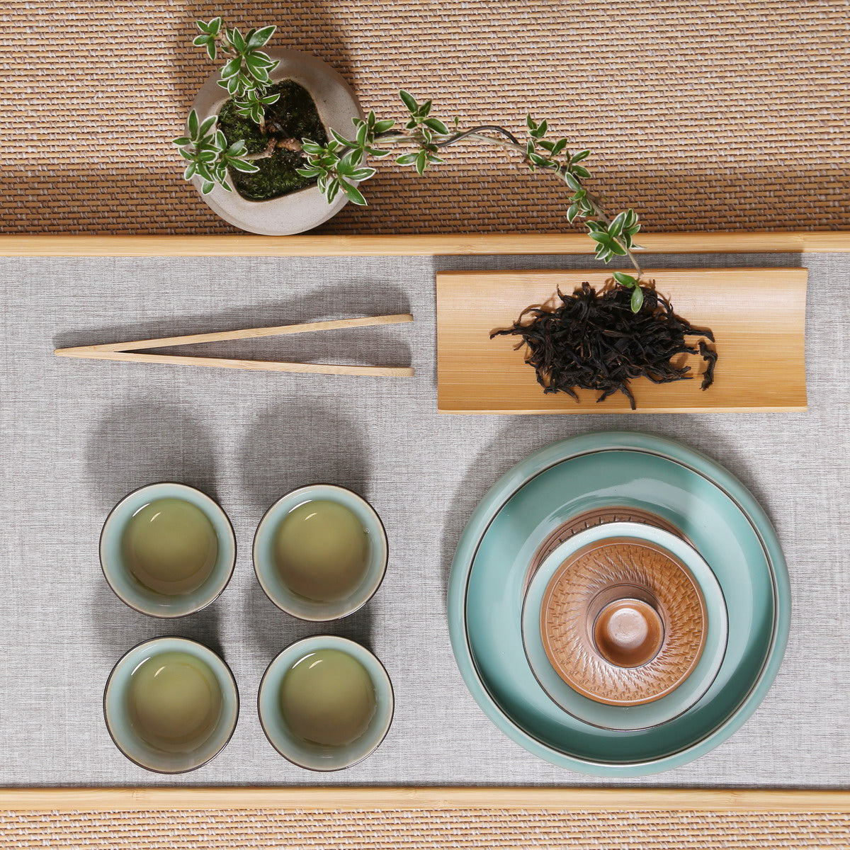 Gift Tea Set, Longquan Celadon - 1 Gaiwan 4 Teacups (Bamboo, Partial Tiao Dao, Di Sky, 6, ZCZH)