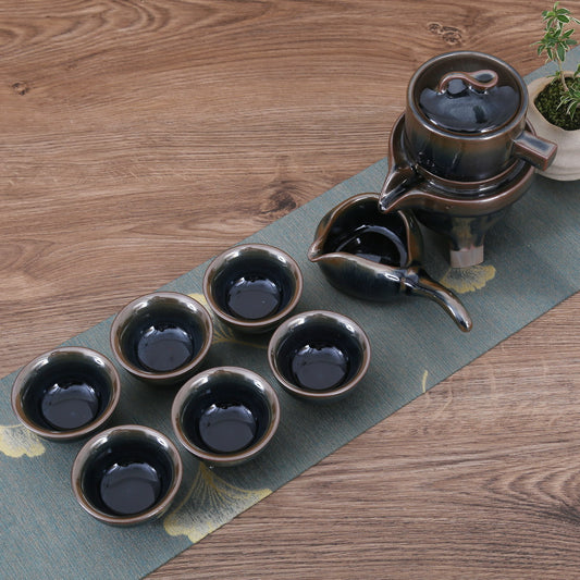 Gift Tea Set, Jian Zhan - 1 Teapot 6 Teacups (Semi-Automatic, Stone-Mill Design, Hare's fur)