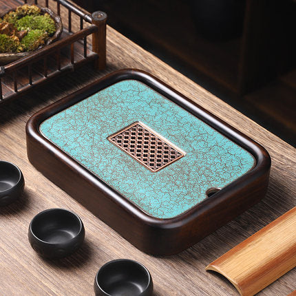 Turquoise Pattern Green Porcelain Bamboo Tea Tray (with sink)