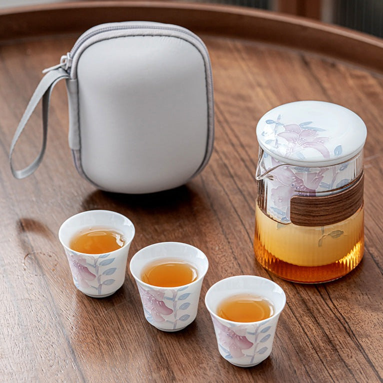 Hand painting 4 style Glass Porcelain Travel Tea Set Level B