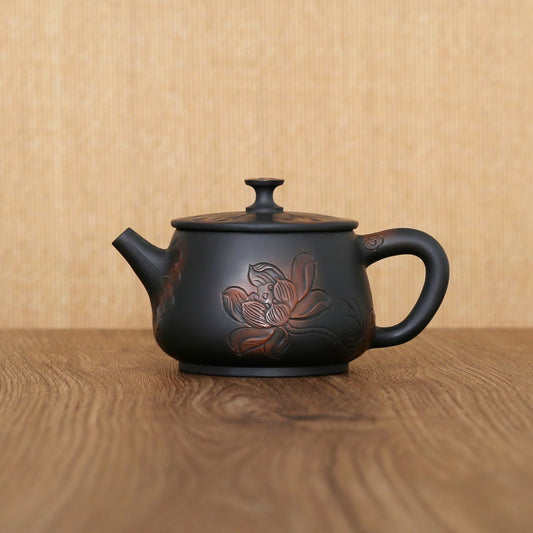 Jianshui Purple Pottery Lotus Flower and Fish Engraving Handcraft Teapot - Taishan Tea Club