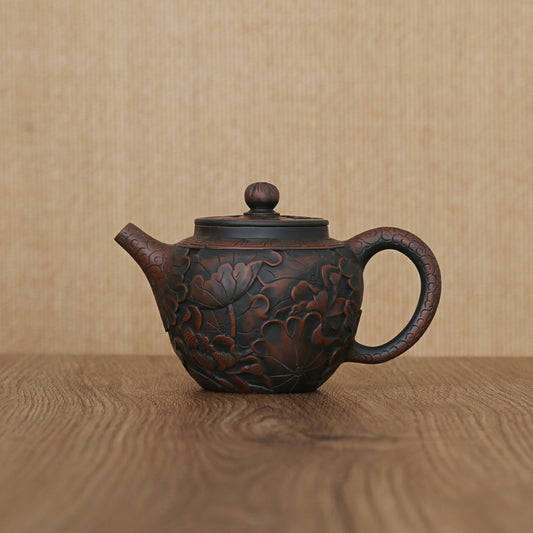 Jianshui Purple Pottery Lotus Flower Full Engraving Handcraft Teapot - Taishan Tea Club