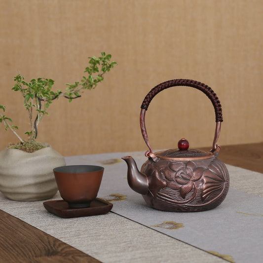Lotus Flower Handcrafted Lifting Handle Copper Teapot - Taishan Tea Club
