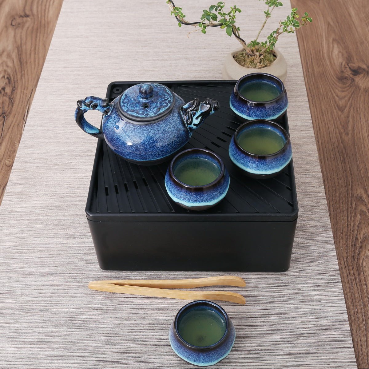 Travel tea set - 1 teapot 4 teacups (Dragon, Blue) - Taishan Tea Club